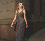 Pearly Sequin Beaded V Neck Gown In Grey Gold 1