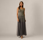 Pearly Sequin Beaded V Neck Gown In Grey Gold 2