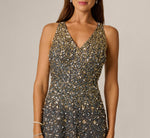 Pearly Sequin Beaded V Neck Gown In Grey Gold 3