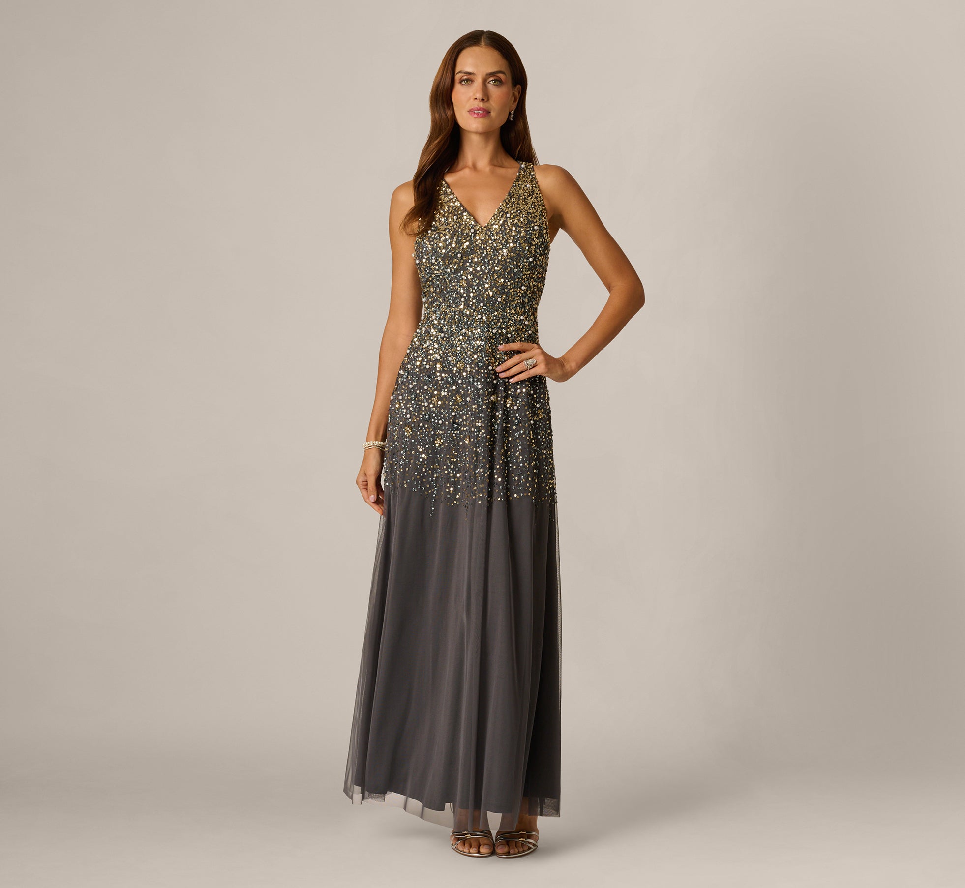 Pearly Sequin Beaded V Neck Gown In Grey Gold 1