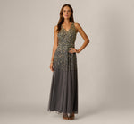 Pearly Sequin Beaded V Neck Gown In Grey Gold 1