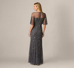 Flutter Sleeve Floral Sequin Beaded Illusion Gown In Gunmetal 5