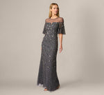 Flutter Sleeve Floral Sequin Beaded Illusion Gown In Gunmetal 2