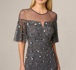 Flutter Sleeve Floral Sequin Beaded Illusion Gown In Gunmetal 3