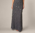 Flutter Sleeve Floral Sequin Beaded Illusion Gown In Gunmetal 4