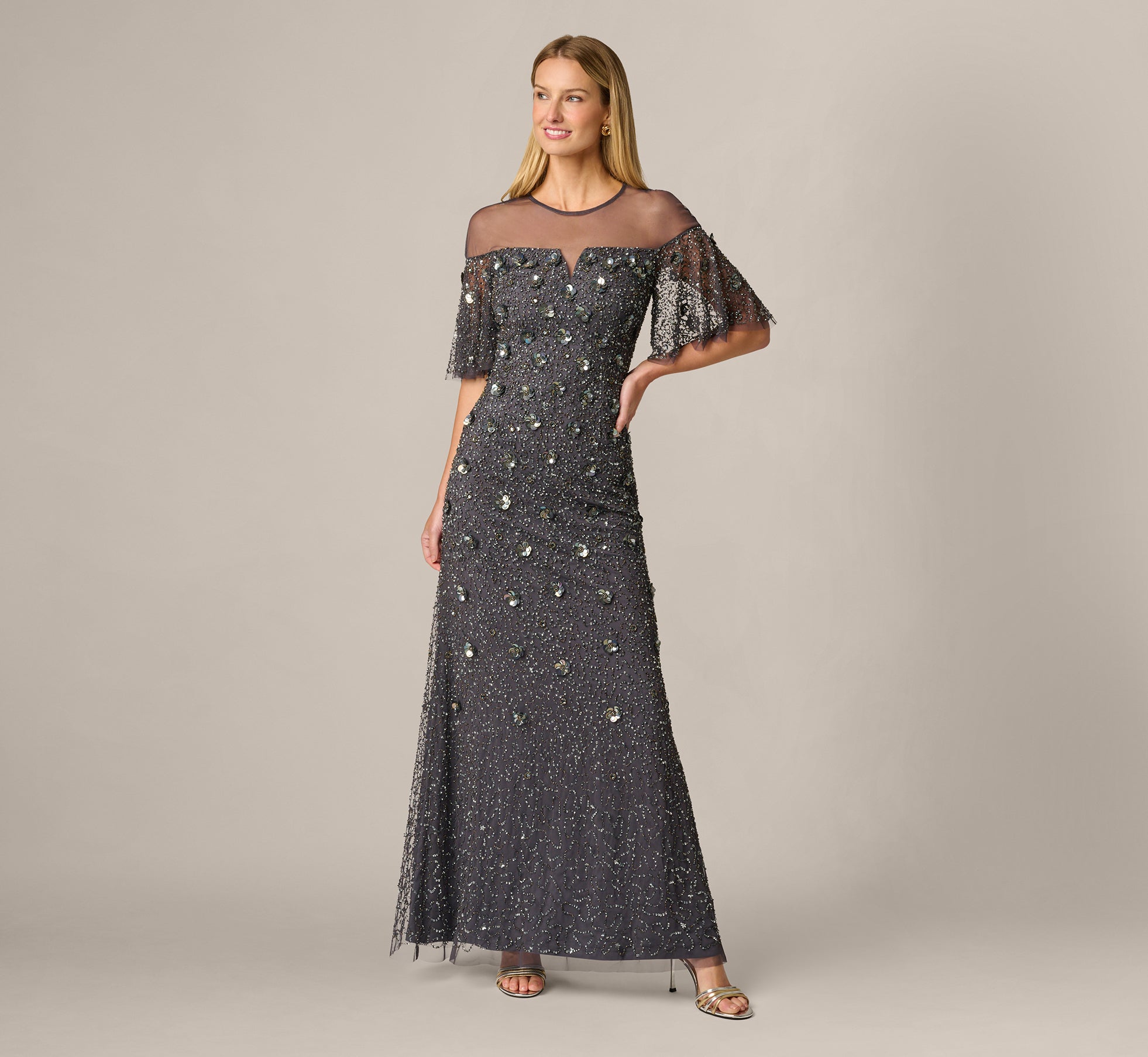 Flutter Sleeve Floral Sequin Beaded Illusion Gown In Gunmetal 1