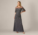 Flutter Sleeve Floral Sequin Beaded Illusion Gown In Gunmetal 1