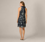 Floral Sequin Beaded Short Trapeze Dress In Navy Gunmetal 5