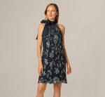 Floral Sequin Beaded Short Trapeze Dress In Navy Gunmetal 2