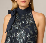 Floral Sequin Beaded Short Trapeze Dress In Navy Gunmetal 3