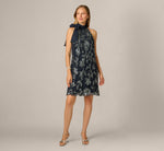 Floral Sequin Beaded Short Trapeze Dress In Navy Gunmetal 6