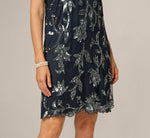 Floral Sequin Beaded Short Trapeze Dress In Navy Gunmetal 4