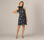 Floral Sequin Beaded Short Trapeze Dress In Navy Gunmetal 1