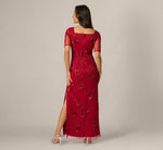 Petite Short Sleeve Linear Floral Beaded Column Gown In Cranberry 5