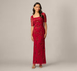 Petite Short Sleeve Linear Floral Beaded Column Gown In Cranberry 2
