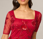 Petite Short Sleeve Linear Floral Beaded Column Gown In Cranberry 3
