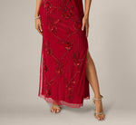 Petite Short Sleeve Linear Floral Beaded Column Gown In Cranberry 4