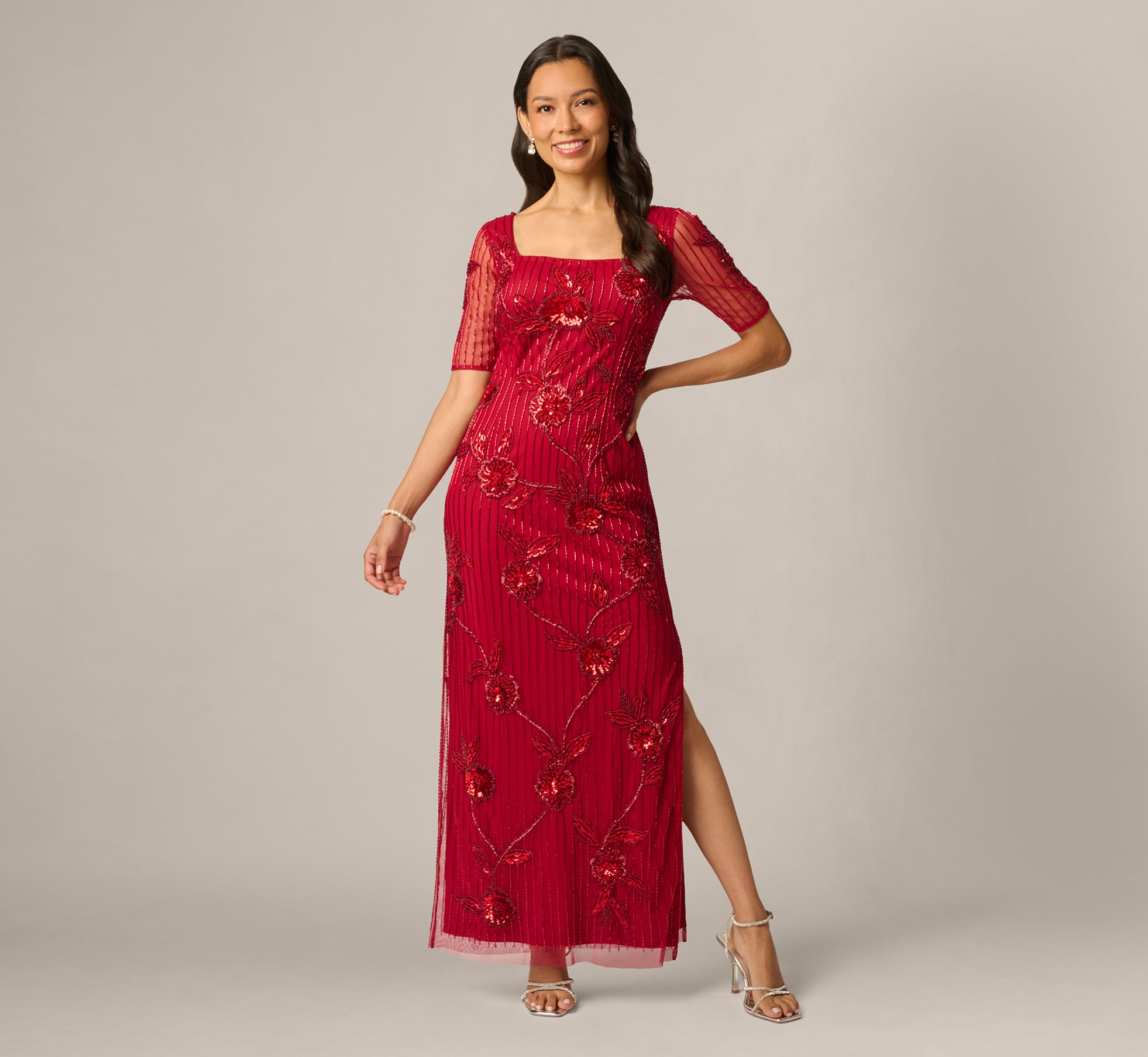 Petite Short Sleeve Linear Floral Beaded Column Gown In Cranberry 1