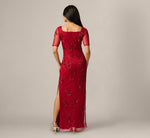 Short Sleeve Linear Floral Beaded Column Gown In Cranberry 5