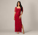 Short Sleeve Linear Floral Beaded Column Gown In Cranberry 2