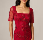 Short Sleeve Linear Floral Beaded Column Gown In Cranberry 3