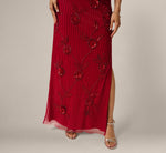 Short Sleeve Linear Floral Beaded Column Gown In Cranberry 4