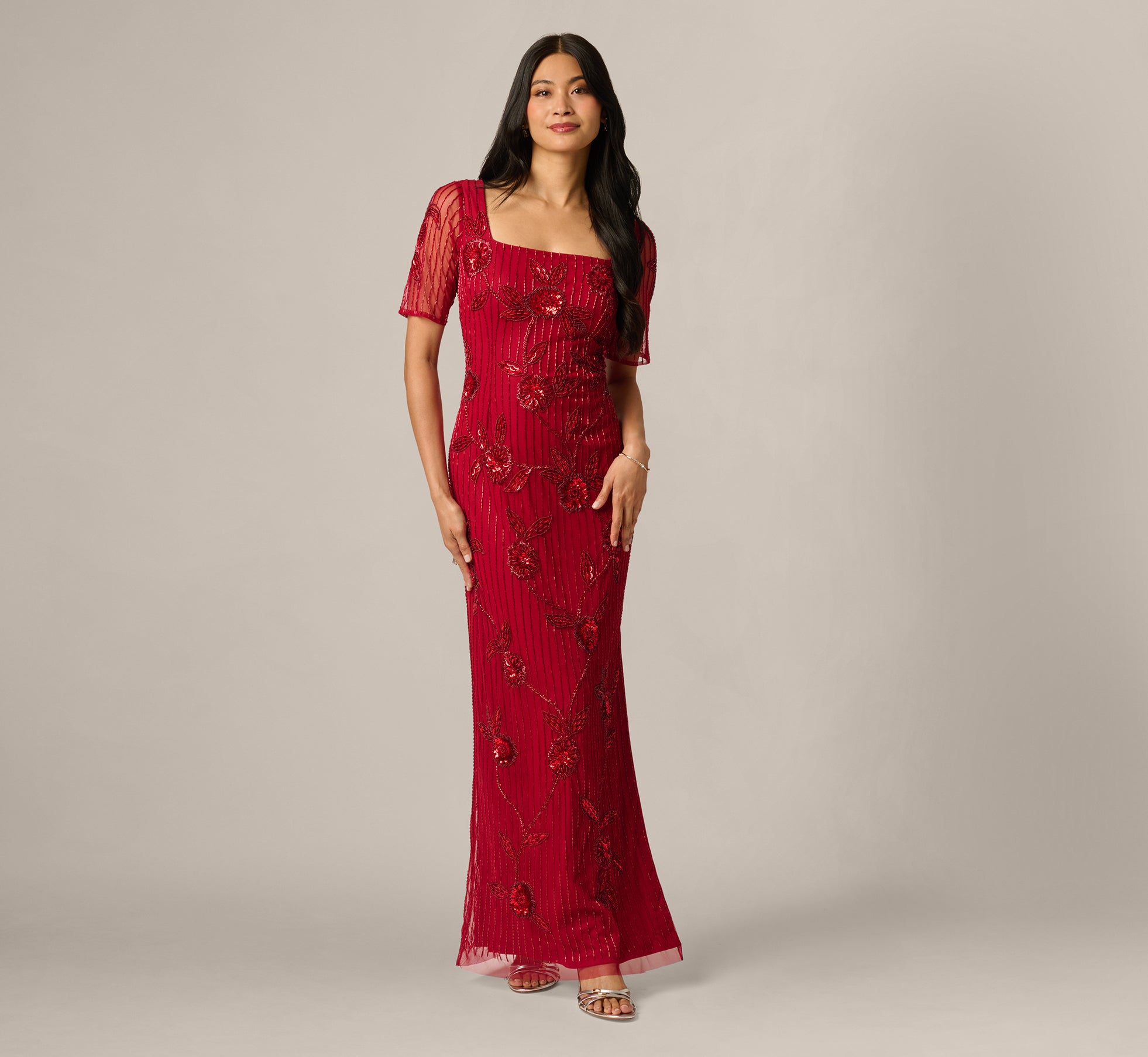Short Sleeve Linear Floral Beaded Column Gown In Cranberry 1