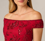 Off Shoulder Floral Sequin Beaded Sheath Dress In Cranberry 3