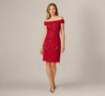 Off Shoulder Floral Sequin Beaded Sheath Dress In Cranberry 6