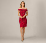 Off Shoulder Floral Sequin Beaded Sheath Dress In Cranberry 1