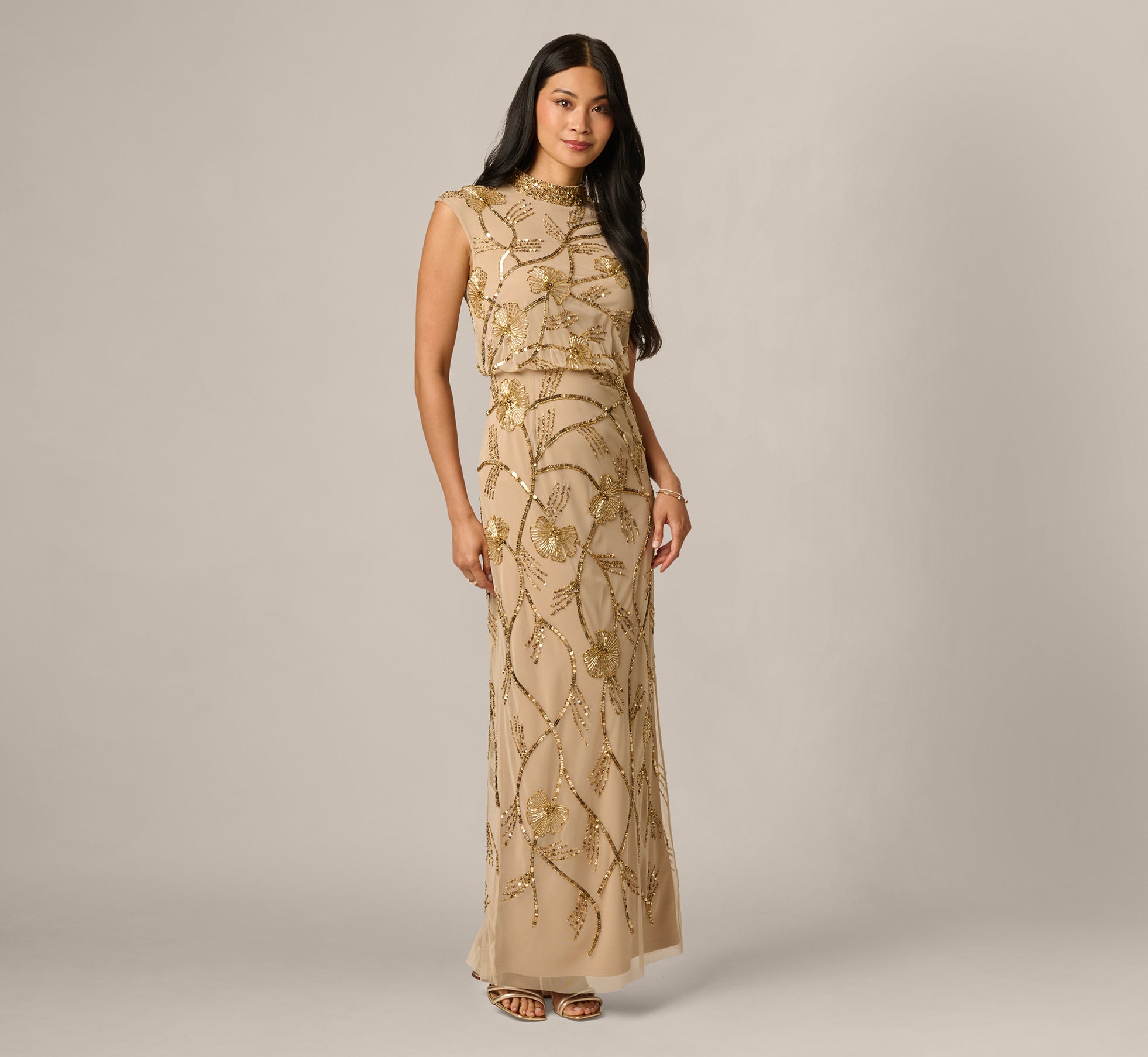 Deco Floral Beaded Sequin Collar Blouson Gown In Gold 1