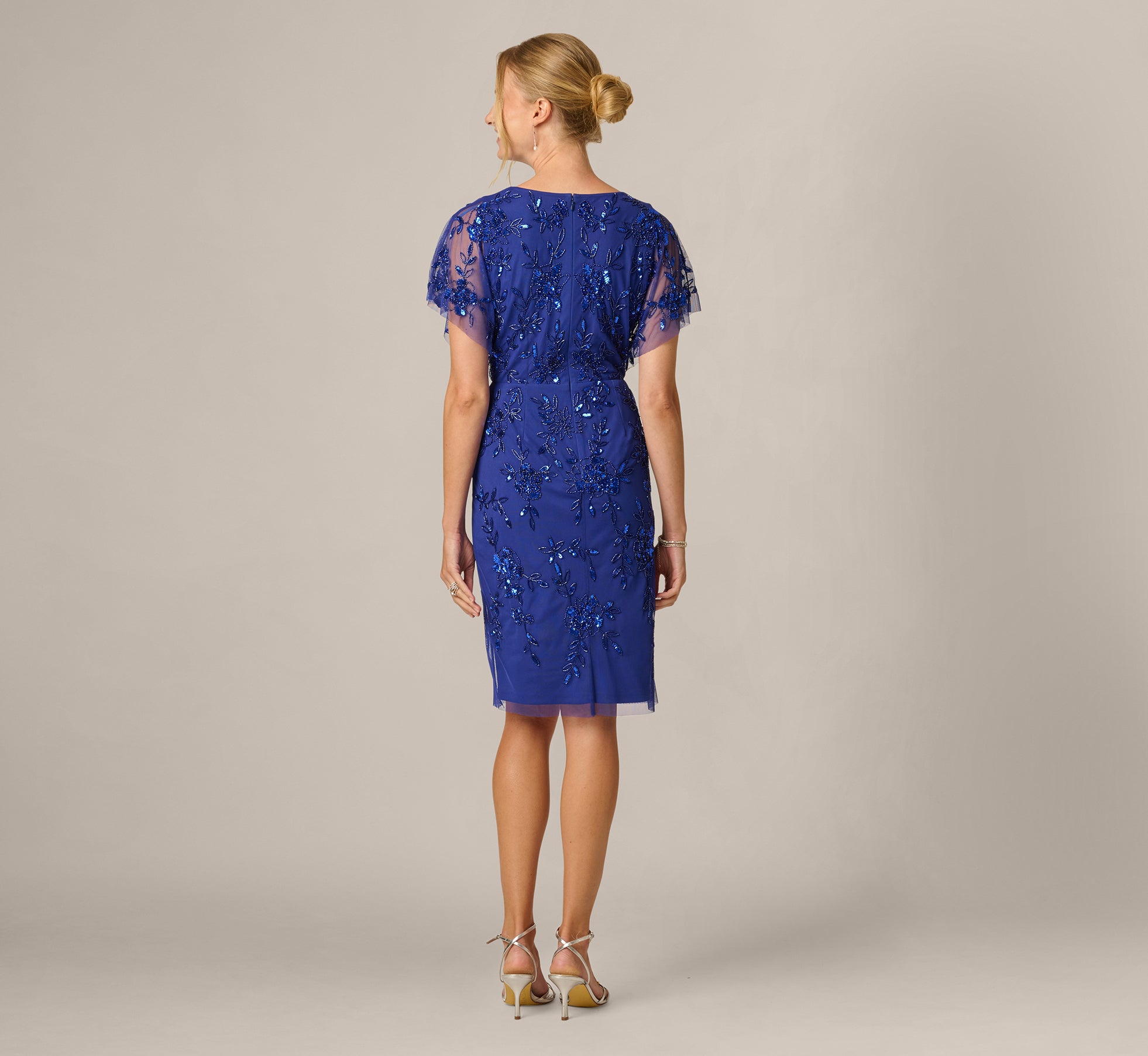 Blue Flutter Sleeve Floral Beaded Surplice Cocktail Dress
