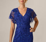 Flutter Sleeve Floral Beaded Surplice Cocktail Dress In Ultra Blue 3