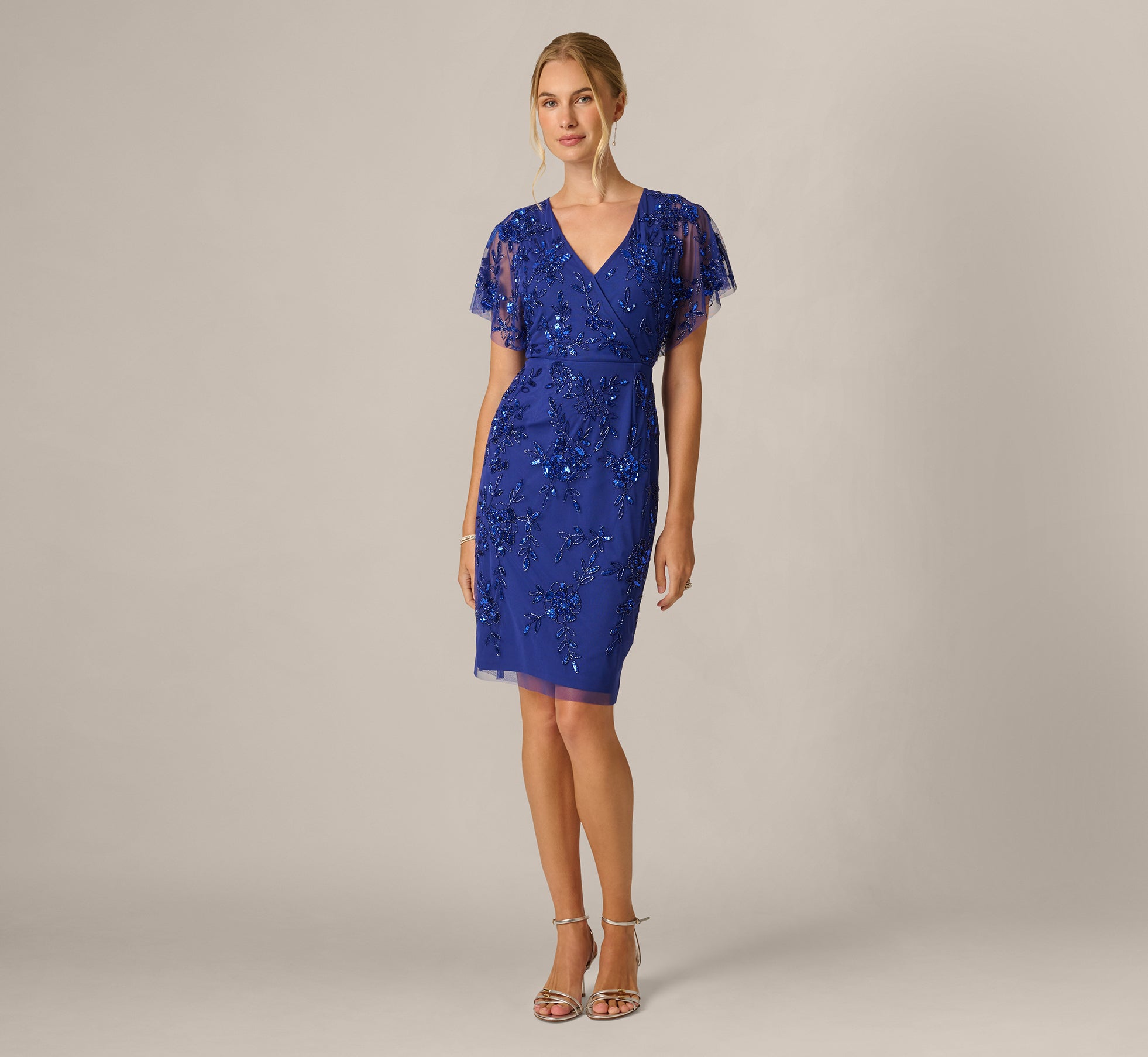 sequin beaded cocktail dress with flutter sleeves and scallop trim Blue Sleeve Floral Surplice LattePerfect for Special Occasions