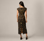 Flutter Sleeve Sequin Beaded Lace Ankle Length Dress In Black Gold 5