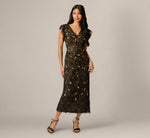Flutter Sleeve Sequin Beaded Lace Ankle Length Dress In Black Gold 2