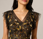 Flutter Sleeve Sequin Beaded Lace Ankle Length Dress In Black Gold 3