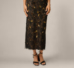 Flutter Sleeve Sequin Beaded Lace Ankle Length Dress In Black Gold 4