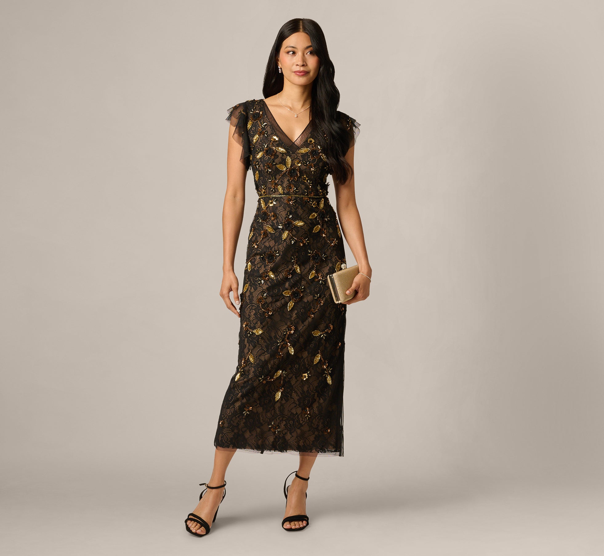 Flutter Sleeve Sequin Beaded Lace Ankle Length Dress In Black Gold 1