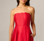 Petite Strapless Scalloped Fit And Flare Ankle Length Dress In Red 3