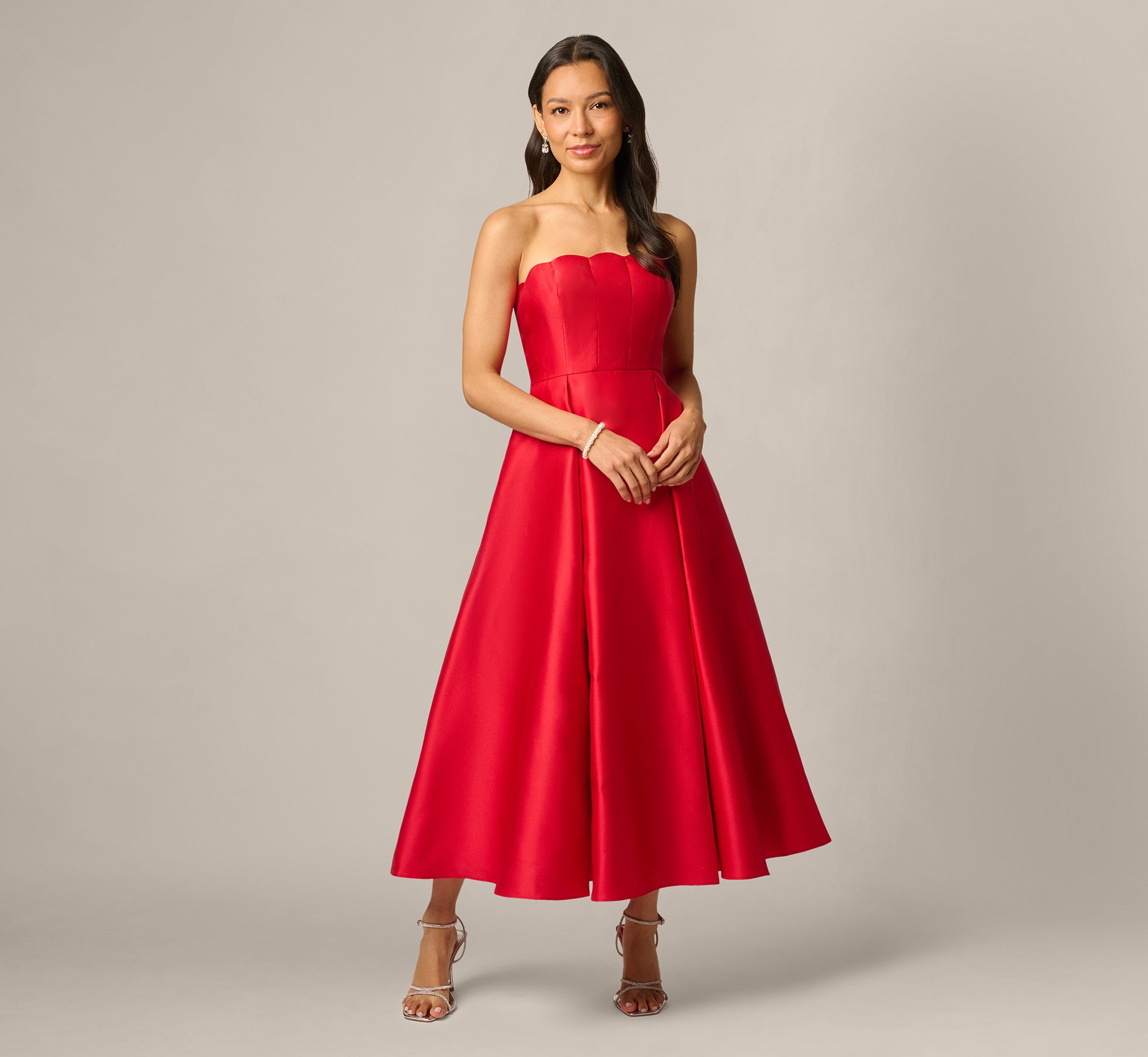 Petite Strapless Scalloped Fit And Flare Ankle Length Dress In Red 1
