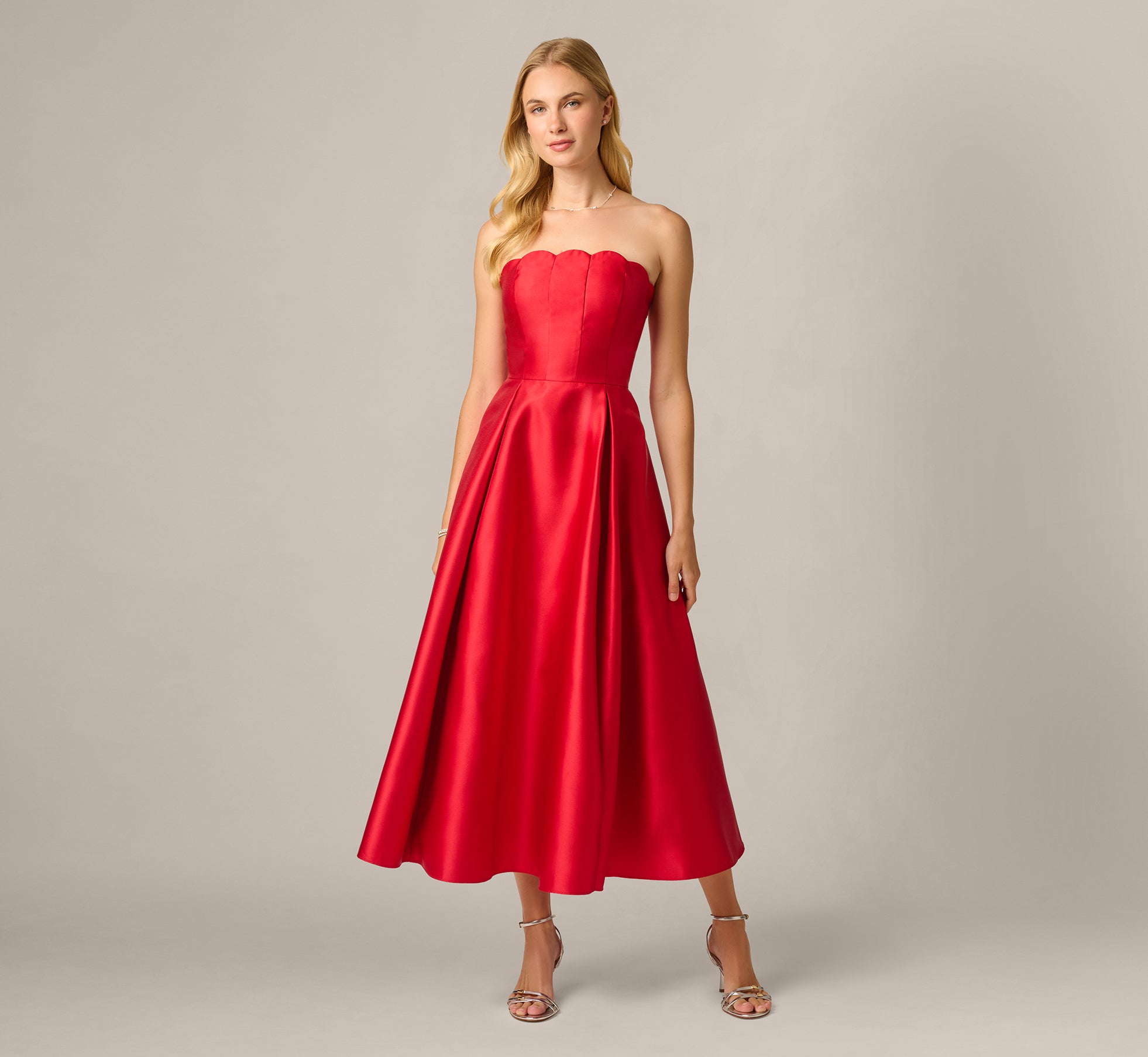 Red Strapless Scalloped Fit And Flare Ankle Length Dress