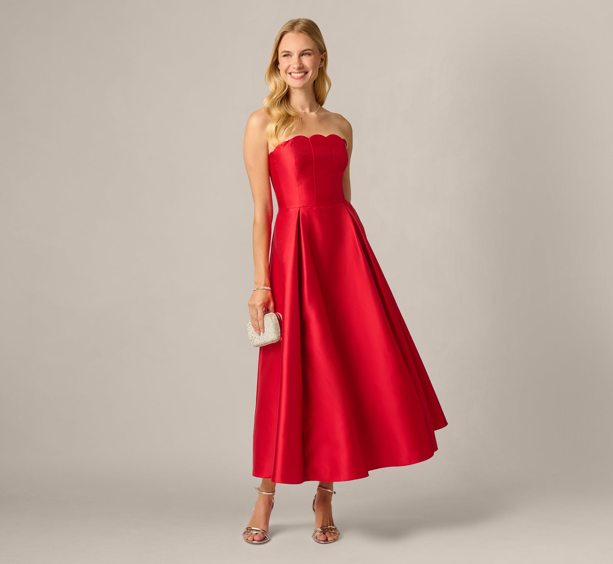 Strapless Scalloped Fit And Flare Ankle Length Dress In Red 1