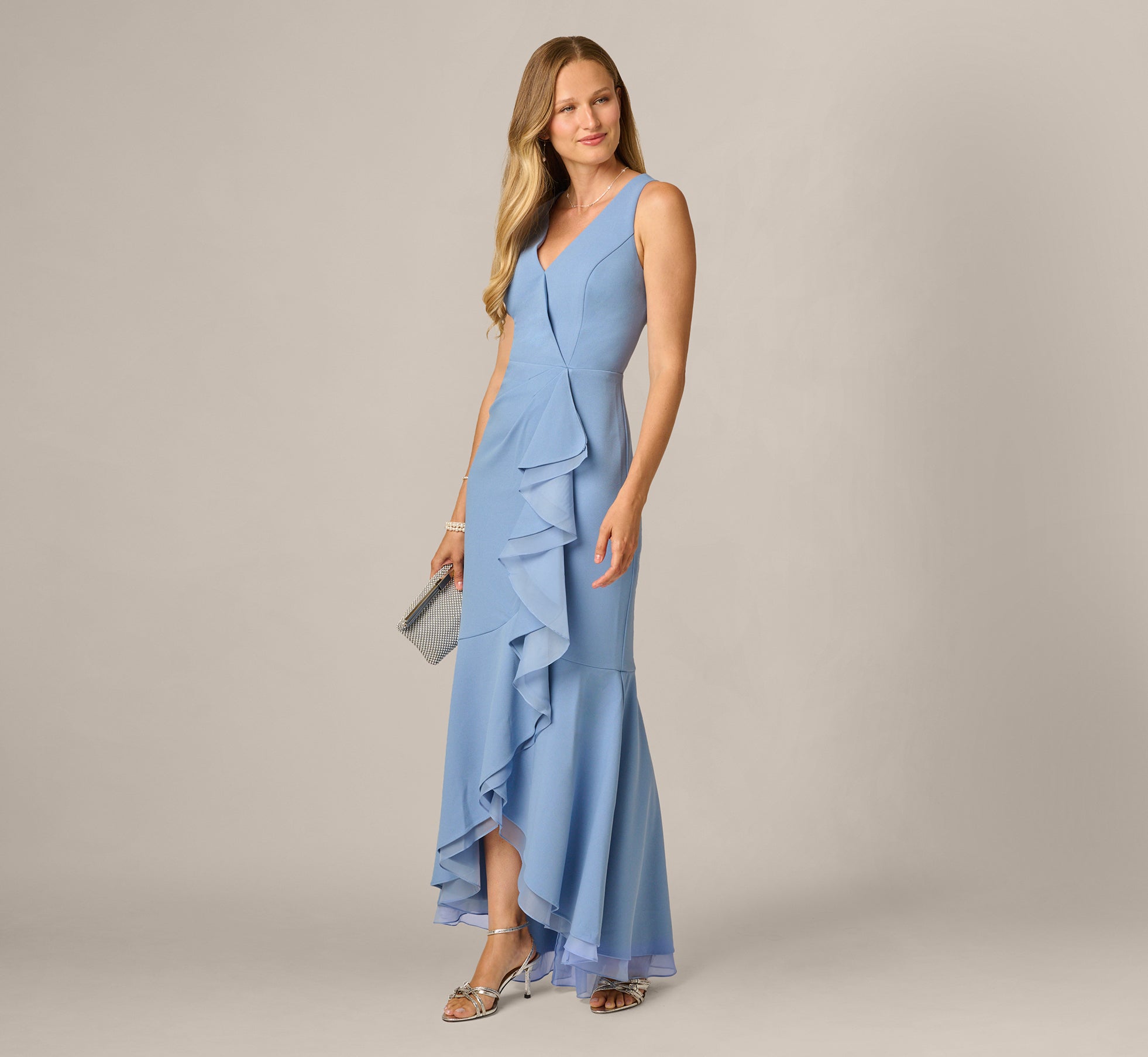 Surplice Organza Flounce High Low Gown In French Blue 1