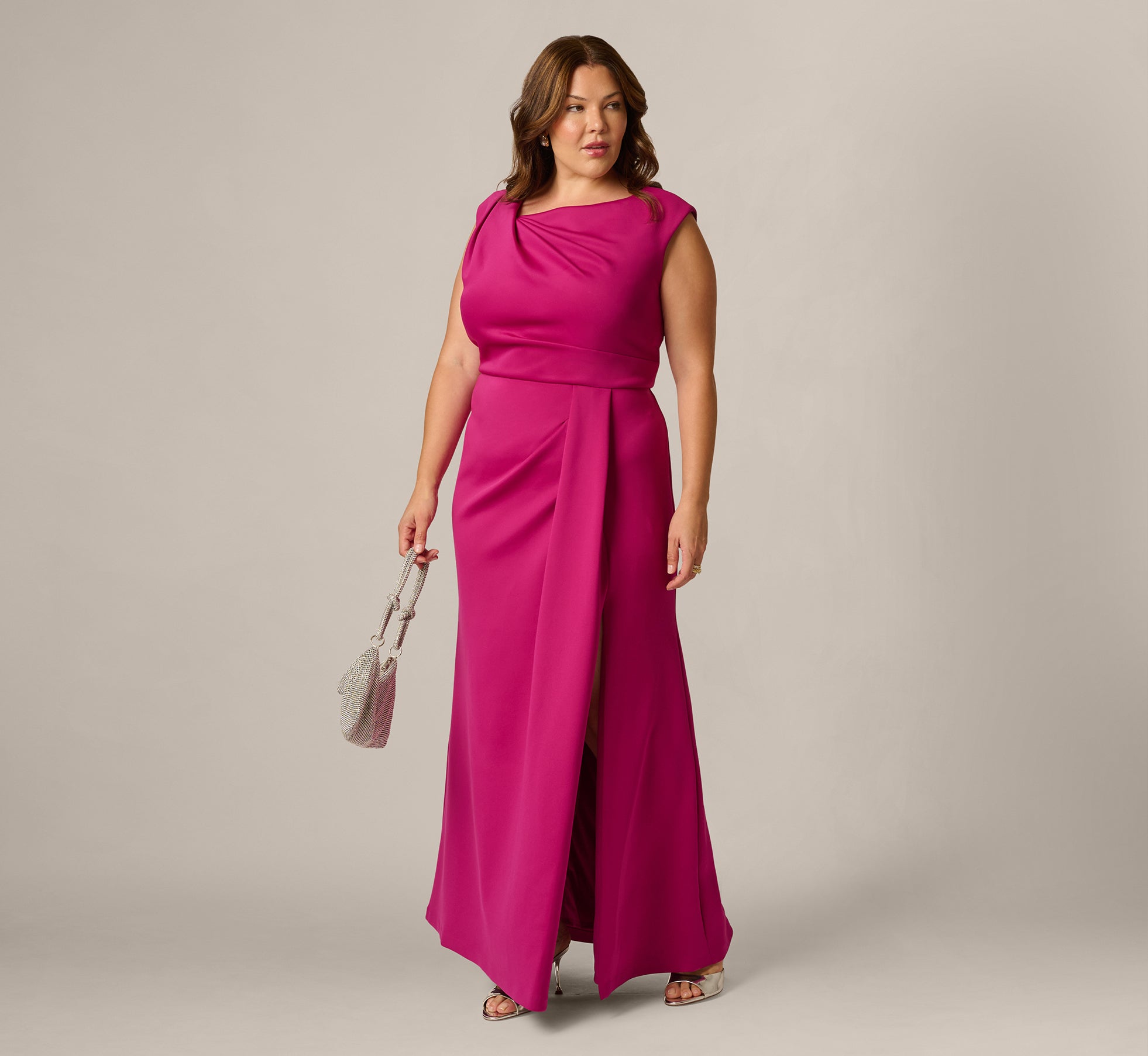 Plus Size Asymmetrical Extended Shoulder Mermaid Gown In Hot Orchid 1