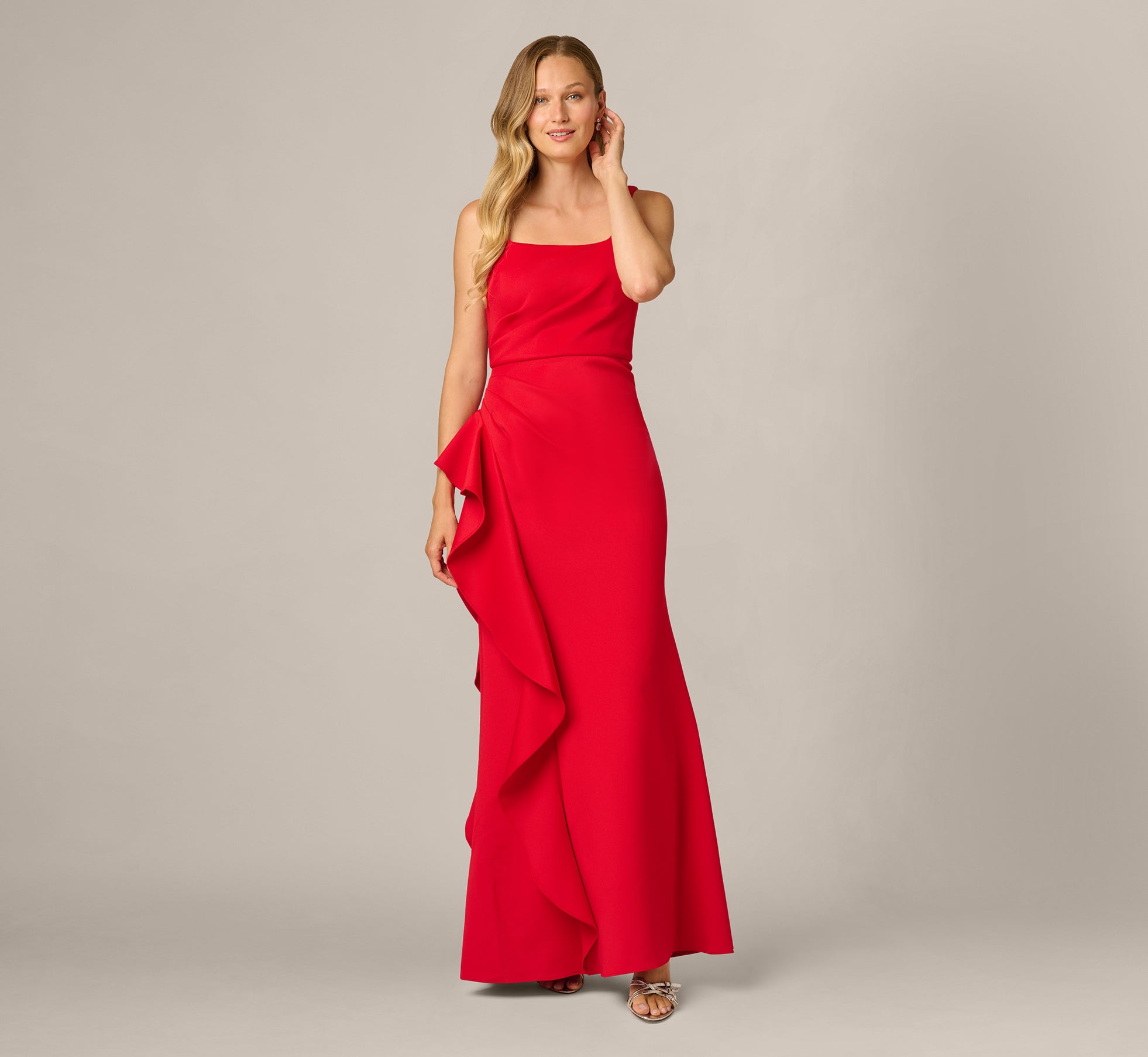 Square Neck Draped Flounce Stretch Gown In Super Red 1