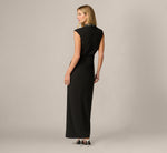 Extended Shoulder Pearly Collar Draped Stretch Jersey Gown In Black 5