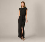 Extended Shoulder Pearly Collar Draped Stretch Jersey Gown In Black 2