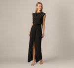 Extended Shoulder Pearly Collar Draped Stretch Jersey Gown In Black 1