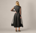Long Sleeve Organza Collared Ankle Length Midi Dress In Black 5